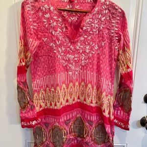 Raj Pink Embroidered V-Neck Tunic with Multicolor Ikat Motif